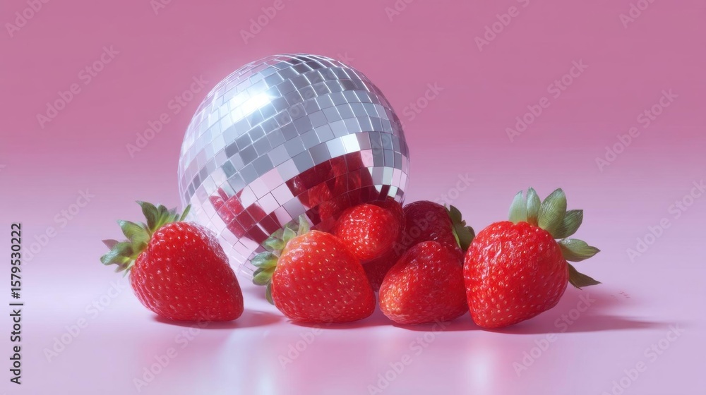 Poster group of fresh strawberries on a pink background. in the center of the image, there is a large, shin