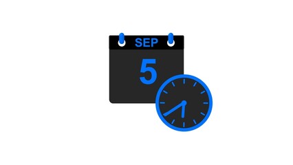 September month 5 date calendar icon clock royal blue color 4k illustration. 