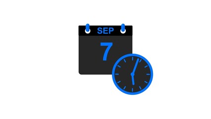 September month 7 date calendar icon clock royal blue color 4k illustration. 