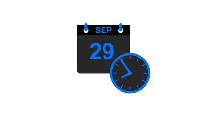 September month 29 date calendar icon clock royal blue color 4k illustration. 