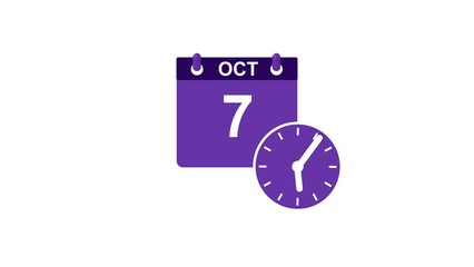 October month 7 date calendar icon clock white color 4k illustration. 