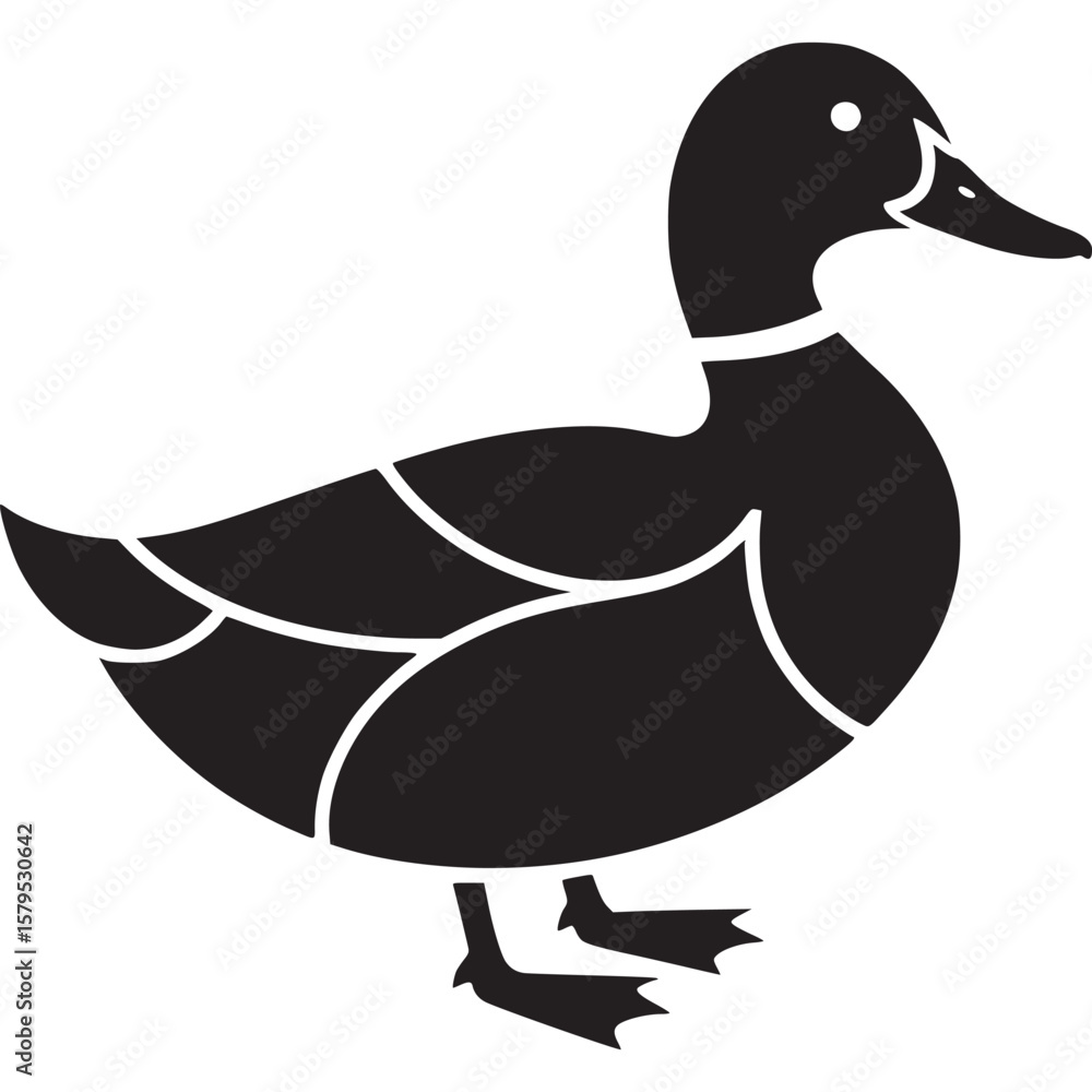 Poster a simple black and white illustration of a duck standing on a white background in side profile view 