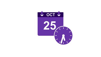 October month 25 date calendar icon clock white color 4k illustration. 