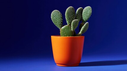 The image is of a small cactus plant in an orange pot. the pot is round and has a smooth surface. the cactus has multiple spines that are covered in small white dots.