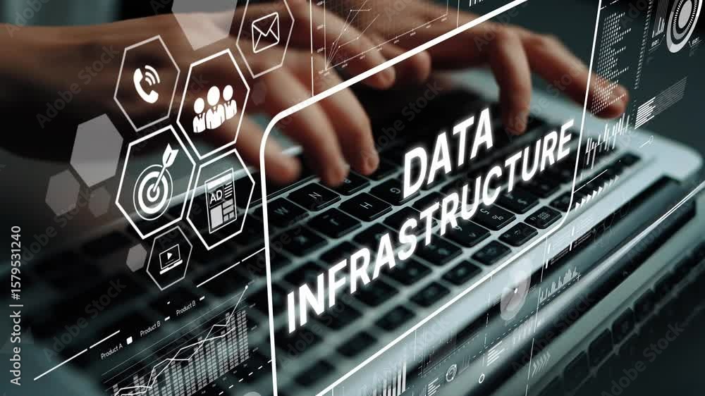 Poster hands typing on laptop with digital data infrastructure icons and graphs in futuristic office enviro