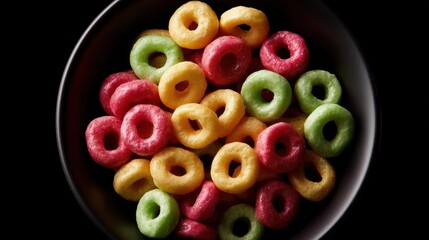 Close-up of a black bowl filled with colorful cereal rings. the cereal rings are in various colors - red, yellow, green, and pink.