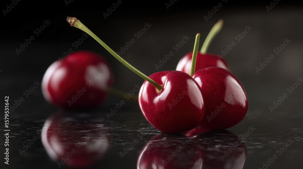 Poster three cherries on a black surface. the cherries are bright red in color and have a shiny texture. th