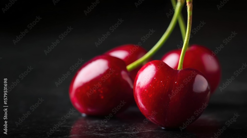 Poster three red cherries on a black surface. the cherries are fresh and have a shiny, shiny surface. they 