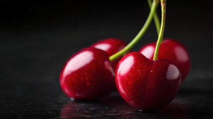 Three red cherries on a black surface. the cherries are fresh and have a shiny, shiny surface. they are arranged in a triangular formation, with one cherry in the center and two on either side.