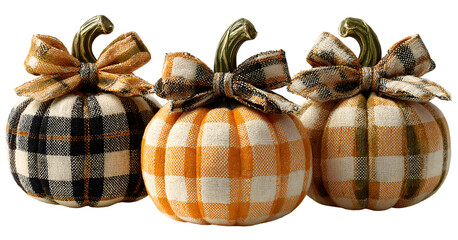 Set of 3 cute pumpkins with plaid bows, transparent background, concept symbol halloween