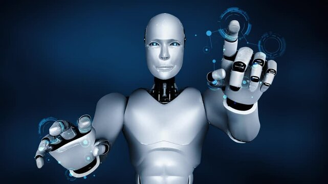 Futuristic robot artificial intelligence huminoid AI programming coding technology development and machine learning concept. Robotic bionic science research for future of human life. 3D rendering.