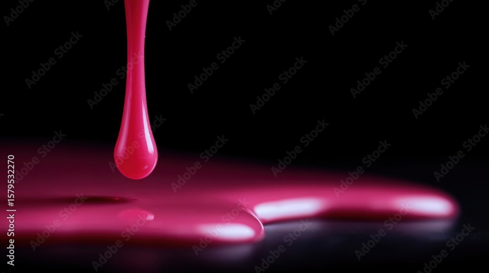Poster close-up of a single drop of pink liquid on a black surface. the liquid appears to be dripping down 