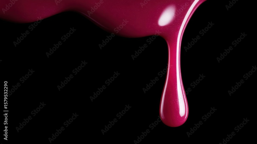 Poster close-up of a droplet of pink liquid on a black background. the liquid appears to be dripping down f