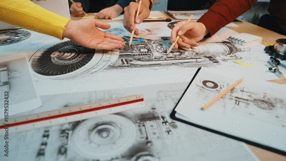 Poster a dynamic scene capturing engineers working together on mechanical designs and technical blueprints,