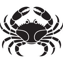 A black and white graphic illustration of a crab with claws and legs on a plain background design on transparent background