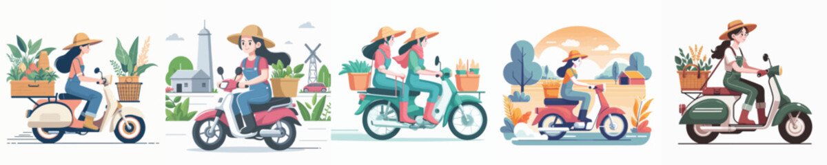 vector of female farmer riding a motorbike