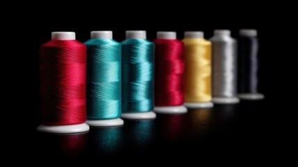 Row of six spools of thread in different colors - red, blue, green, yellow, silver, and black.