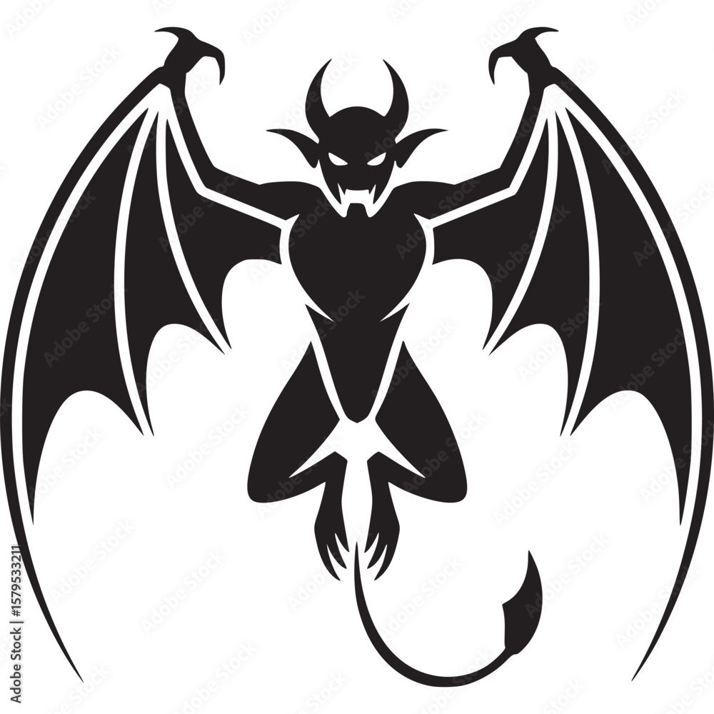 Poster a black silhouette of a winged demon with horns and a tail on a white background in a vector style o