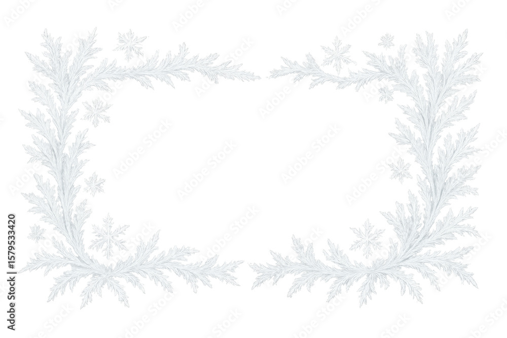 Poster winter frame adorned with intricate frost and delicate snowflakes, creating a beautiful border on a 
