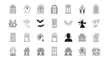 Halloween Elements Spooky Window Panes, Ghosts, Bats and Haunted Houses in Outlined Vectors for Halloween Decor 