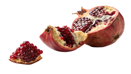 Fresh pomegranate fruit cut open close up healthy eating antioxidant rich ruby red seeds isolated black background