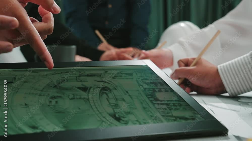 Poster a dynamic scene showing a diverse group of professionals engaging in collaboration on a tablet. the 