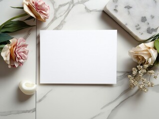 Simple Elegance: Blank Card, Floral Arrangement, and Stationery Design on Marble Surface - Modern Aesthetics for Wedding Invitations and Minimalist Creative Layout Inspiration