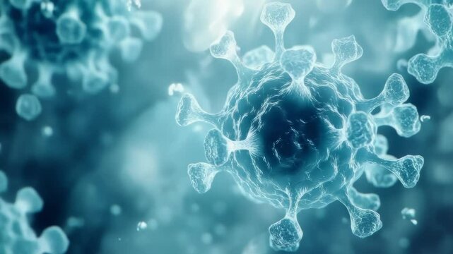 Microscopic World of Virus Cells on Blue Background