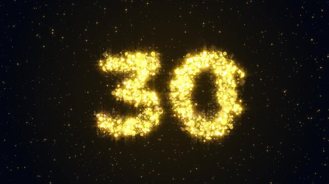 Festive glittery number 30 sparkles crafted from brilliant gold particles. Perfect for anniversaries and milestones