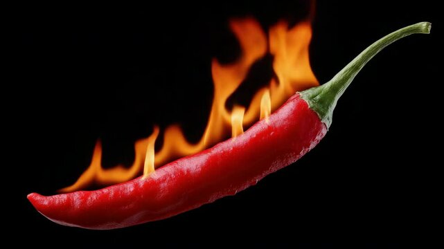 Fiery red chili pepper ignites with rising flames against black background