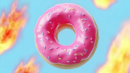 Pink donut spinning in a fiery background creating a playful chaos
