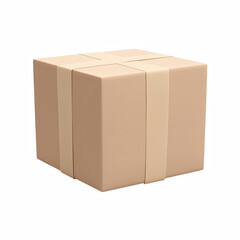 Fototapeta premium Cute chubby cardboard parcel with rounded edges and beige tape, isolated on white background.