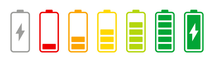 Battery level indicators. Colorful battery charge level icons. Battery power level pictograms in outline style. Vector