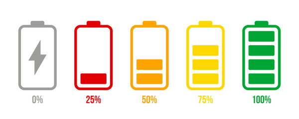Battery level indicators. Colorful battery charge level icons. Battery power level pictograms with percentages in outline style. Vector