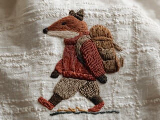 Whimsical Fox Embroidery Backpack: Vintage Style Textile Art with Handcrafted Details for Cozy Fashion in Children's Clothing