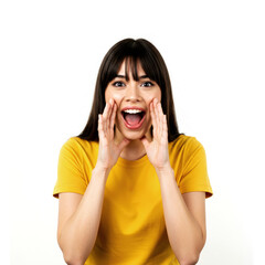 Fototapeta premium Portrait of a young woman shouting and gesturing with her hands isolated on white