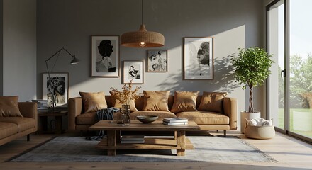 Modern, minimalist living room with warm tones and framed artwork.