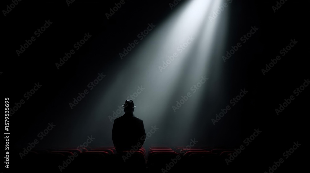 Poster silhouette of a person sitting in an empty auditorium with red seats. the person is facing towards t