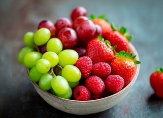 Fruit assortment, fresh grapes, strawberries and raspberries in ceramic bowl
