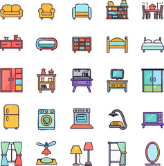 Collection of colorful flat design icons depicting various home furniture and appliances.