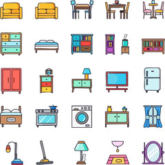 Collection of colorful flat design icons depicting various home furniture and appliances.