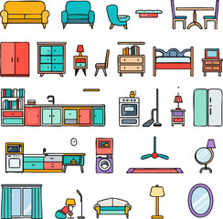 Colorful flat icons depicting various home furniture and appliances.