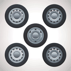 Five realistic car wheels arranged in a circular pattern on a light background