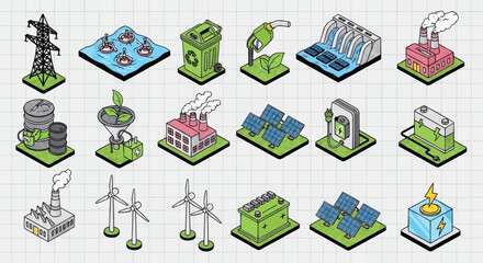 Pop Art Isometric Eco-Tech Illustrations: A Bold Graphic Novel Collection of 16 Halftone Designs Featuring Electricity, Turbines, Recycling, Solar Panels, and Electric Vehicles
