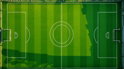 Aerial View of a Green Soccer Field with White Markings and Shadows