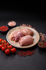 Raw chicken thigh fillet without skin and bone with salt and spices. Raw chicken fillet for cooking