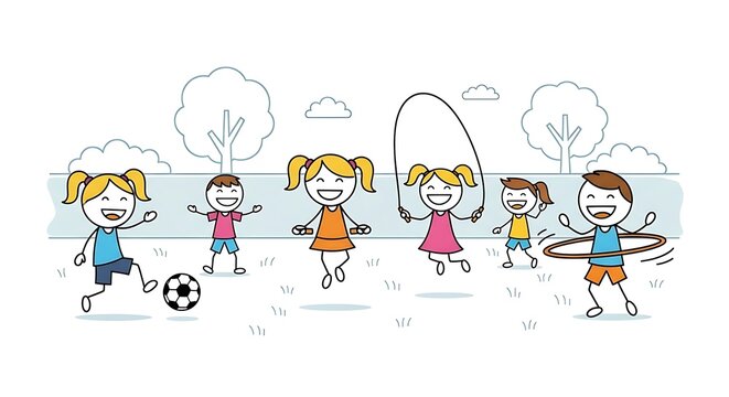 Outdoor Fun Happy Kids Playing with Rope, Ball and Hula Hoop