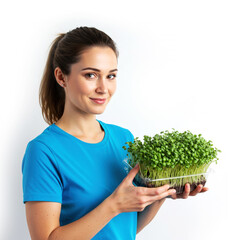 Woman demonstrates her hobby, holding a box of microgreens isolated on white
