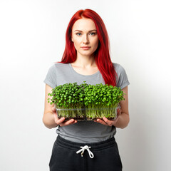 Woman demonstrates her hobby, holding a box of microgreens isolated on white