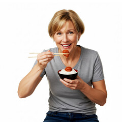 Woman eating rice with pickled plum isolated on white